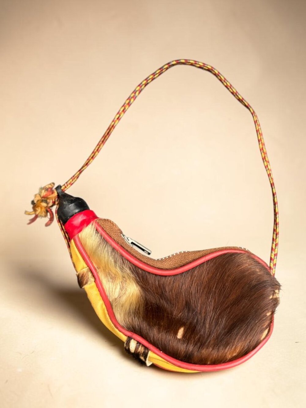 Vintage Fur & Leather Zippered Coin Purse Mini Spanish Bota Bag Souvenir